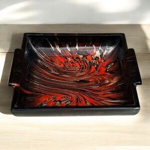 Vintage Italian Murano Style Red Black Swirl Art Glass Tray Mid Century Modern
